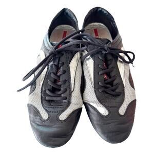 Prada Women 37/7 Black Silver Leather Trainers Sneakers